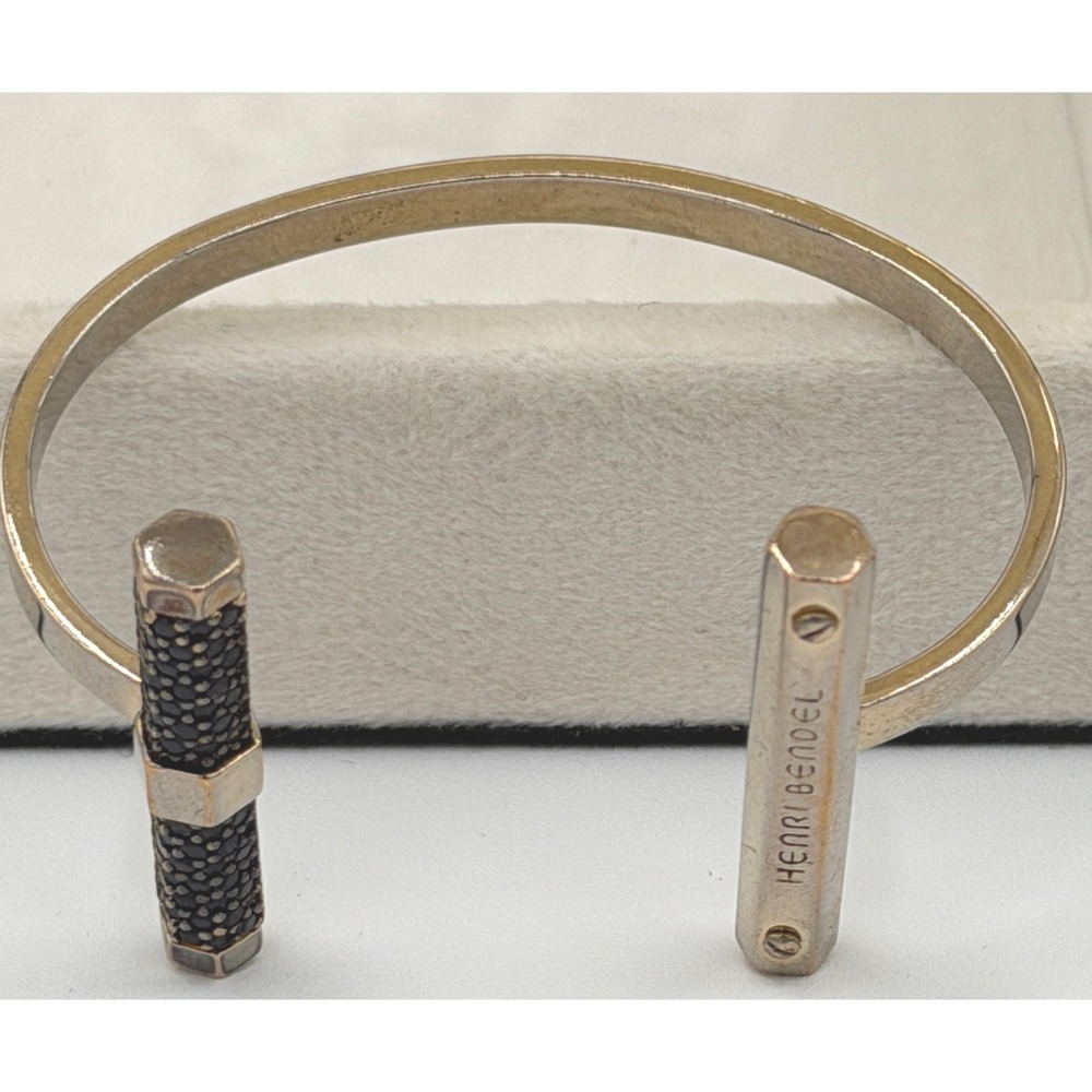 Henri Bendel Silver Tone Cuff Bracelet Black Pavé Crystal Bar Hex Screw Signed